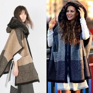 Zara Rare Tan Grey Oversized‎ Cape Poncho Coat Fur Hood Bloggers Size Small